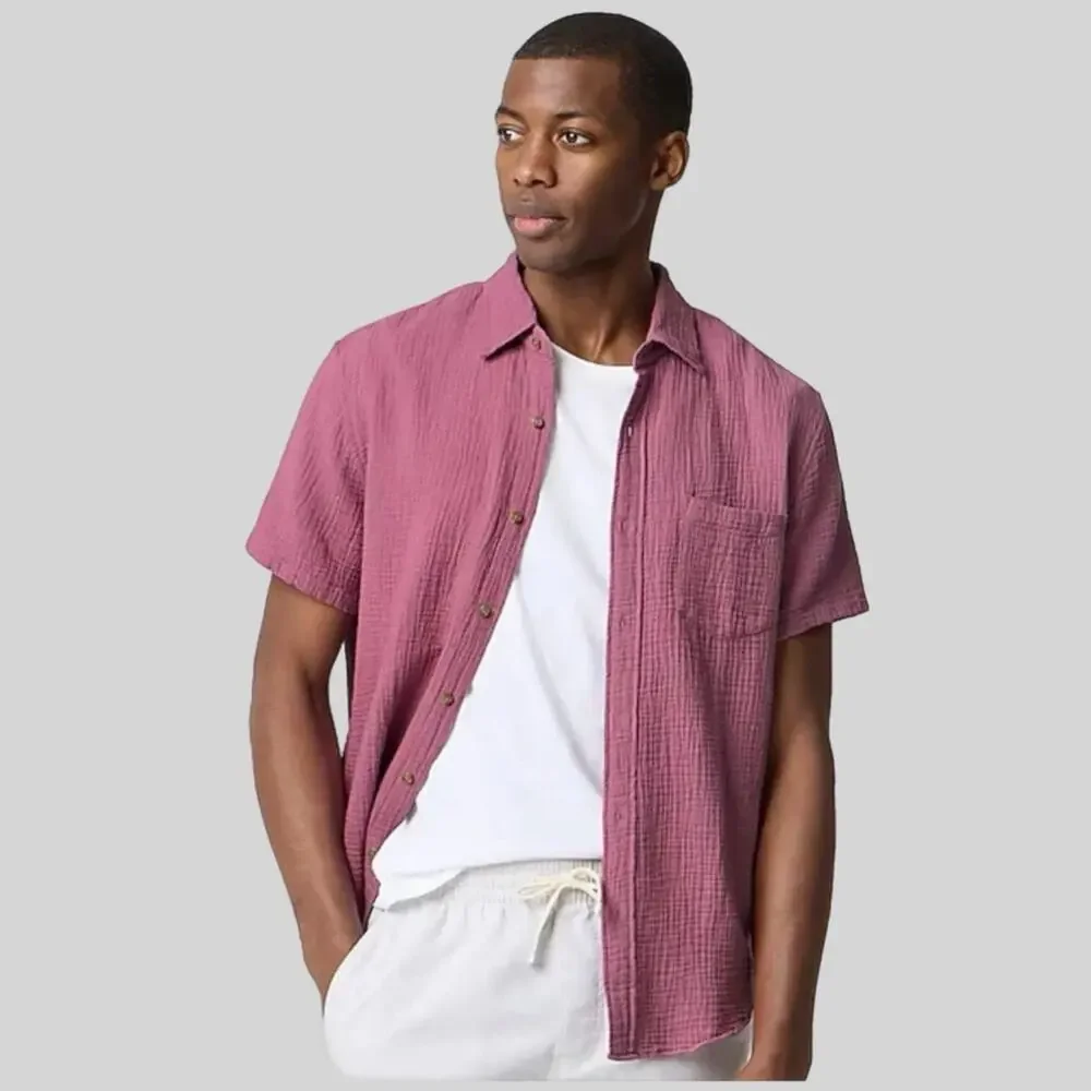 J. Crew Double Gauze Button Down Shirt Mens Size L Pink Cotton Short Sleeve